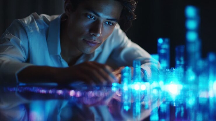 Un’intensa esplorazione di contenuti visivi digitali: un giovane pensieroso analizza i dati tramite grafiche blu futuristiche, rivelando approfondimenti su tecnologia e innovazione per un’era digitale