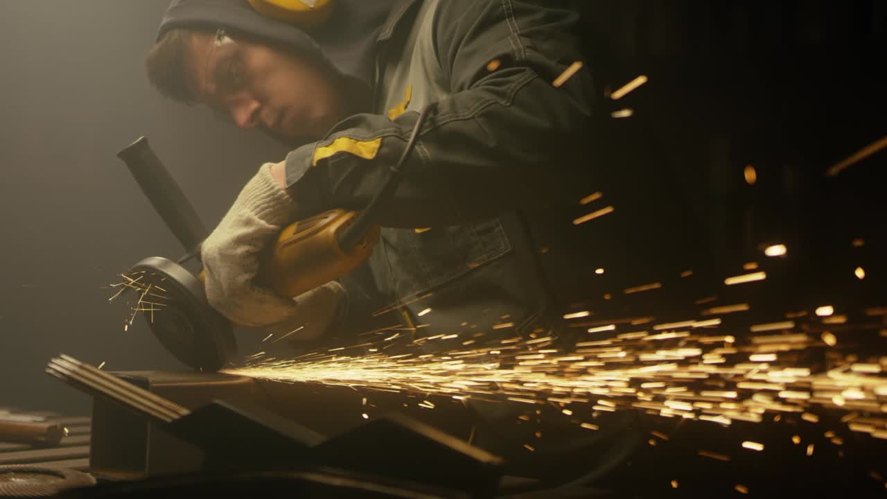 промышленный работник режет металл со многими острыми искрами. мужчина использует специальный инструмент для резки металла в мастерской. искры, летящие от обработки металла. медленное движение. 4k видео. снято на красном