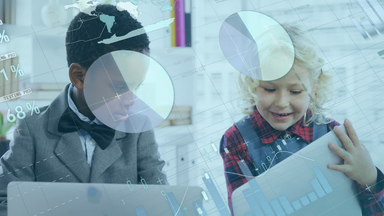 Mathematical equations over young people working on laptop.