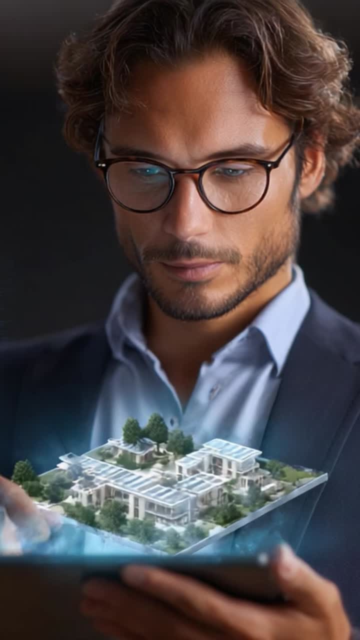 En professionel analyserer en 3D-rendering af et moderne hus på en tablet og fremviser avanceret teknologi og arkitektonisk designindsigt i et professionelt miljø