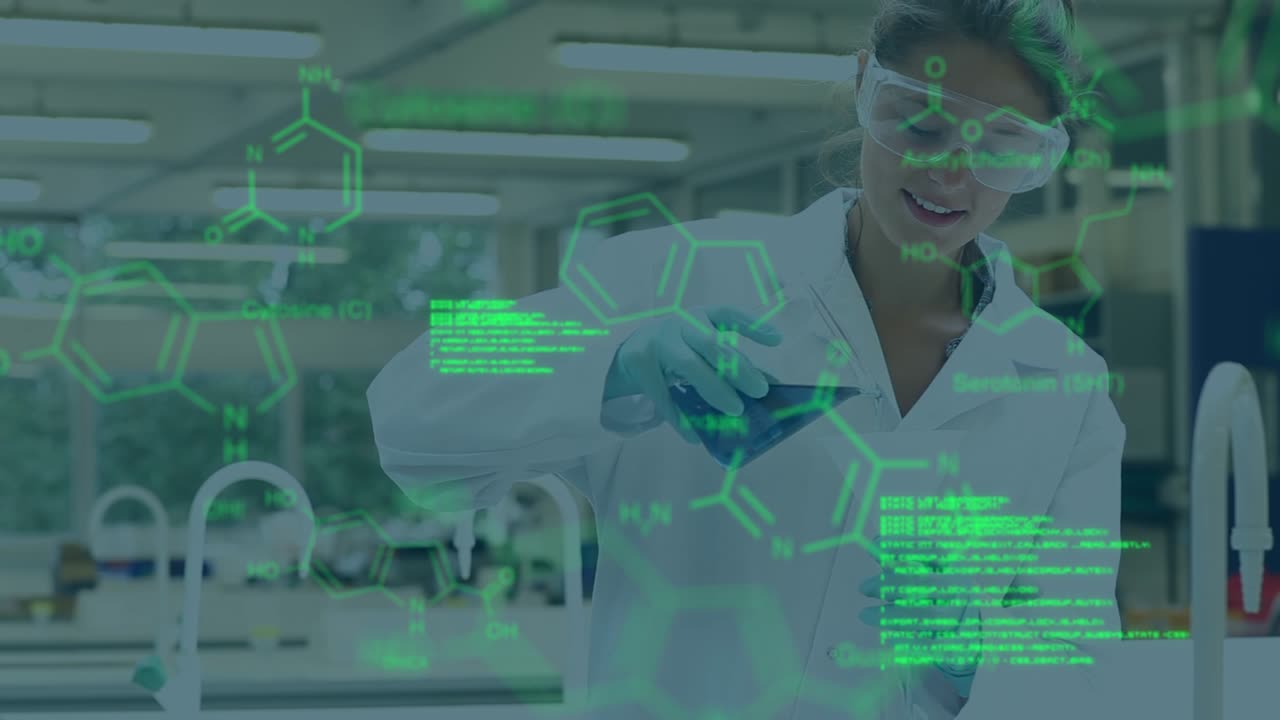 Animation of data processing over caucasian female scientist