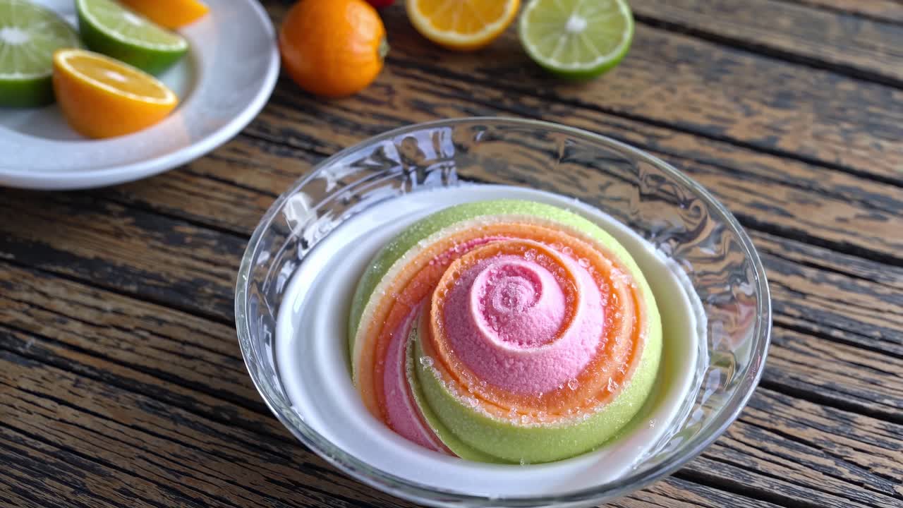 Colorful fruity sherbet dessert is melting in a glass bowl on a rustic wooden table, with fresh citrus fruits in the background, creating a refreshing summer scene