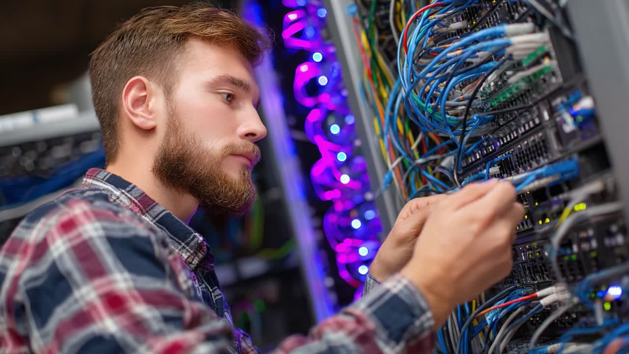 A focused technician meticulously organizing and connecting cables within a server rack, showcasing the intricate world of networking technology and data management