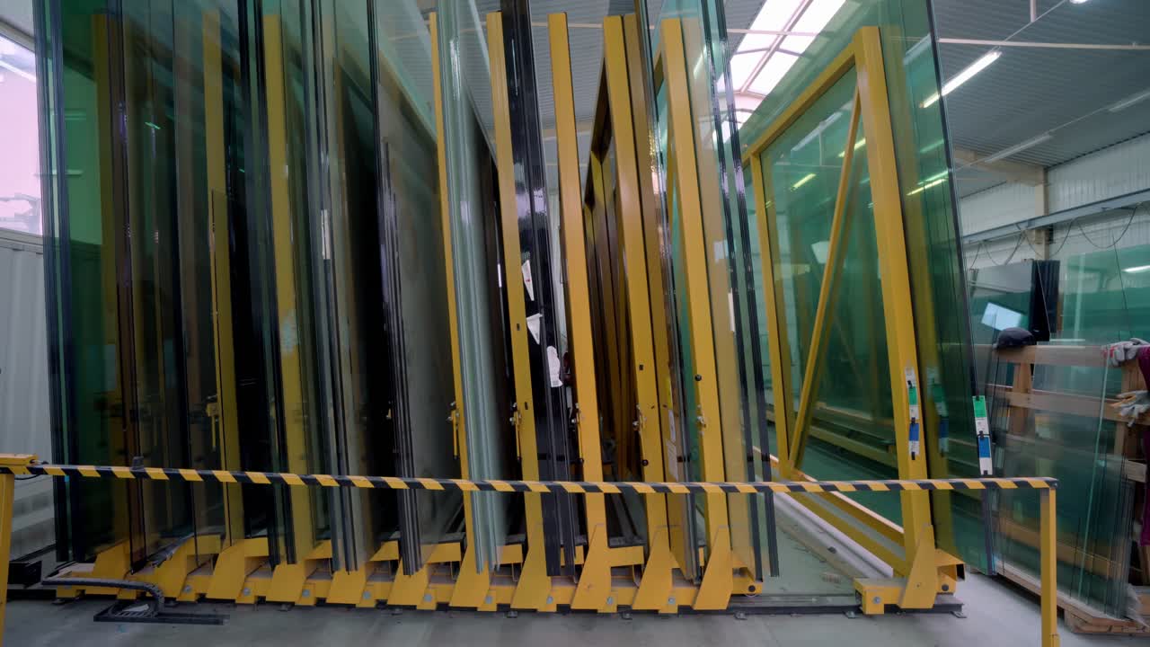 Large glass panels stacked in a facility, suggesting industry focus