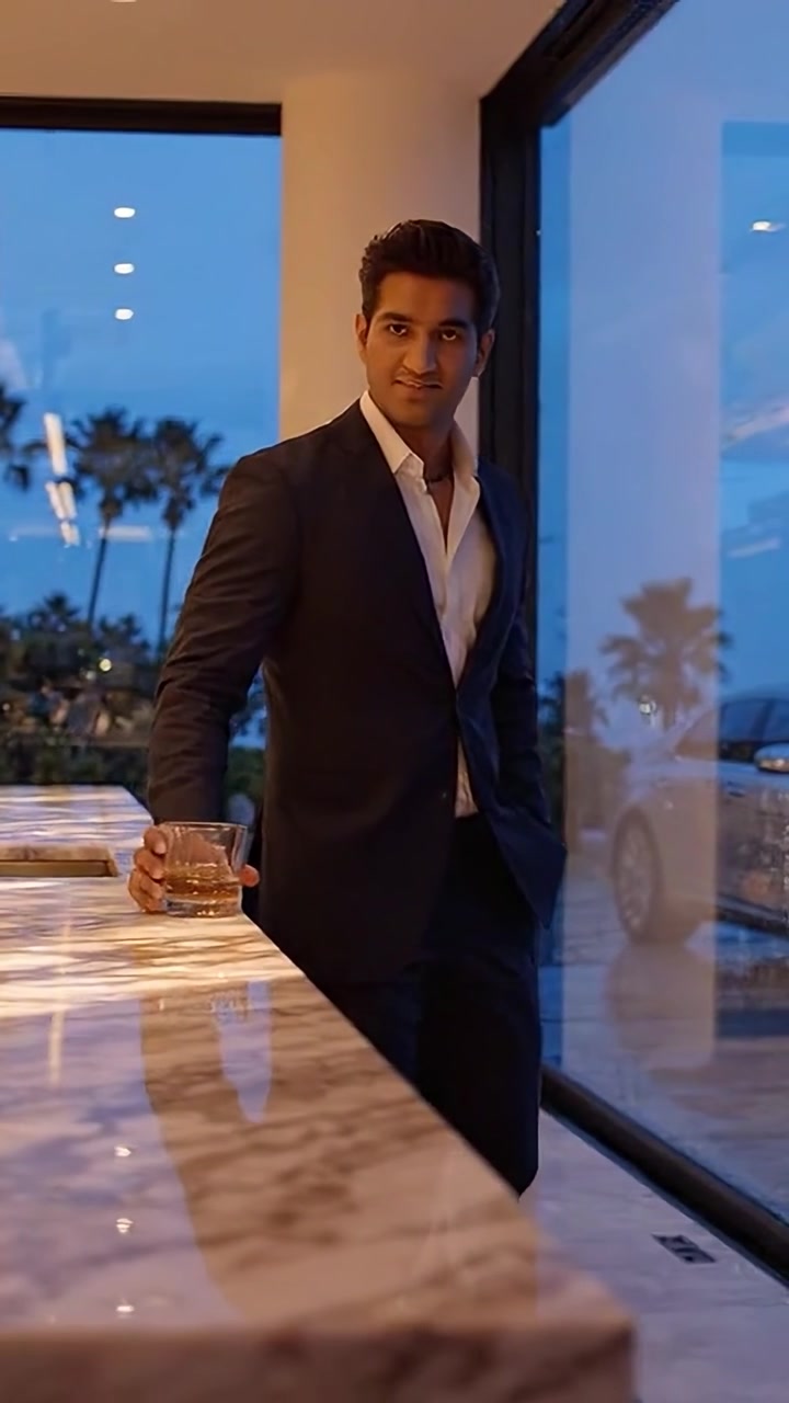 Um homem sofisticado em traje elegante contempla um cenário luxuoso, refletindo sobre a vida enquanto o crepúsculo cai sobre uma vista costeira deslumbrante.