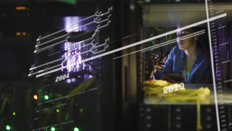 animation of integrated circuits over african american man working in server room