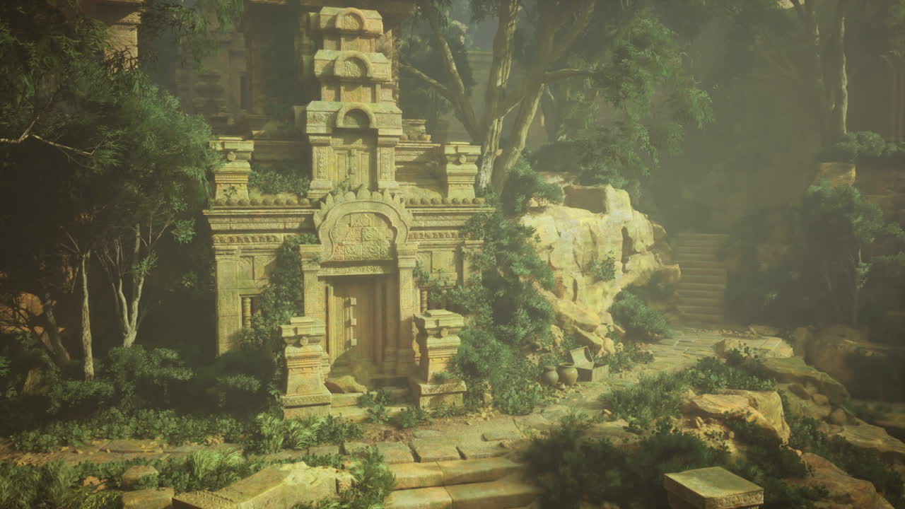 Pedras cobertas de musgo e folhagem densa emoldurando a entrada de um templo antigo