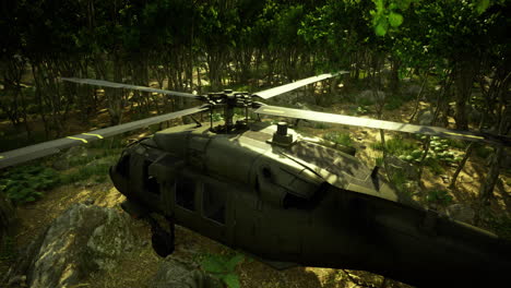 helicopter navigating through dense green forest under bright sunlight