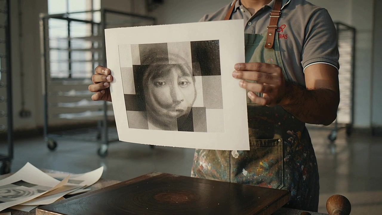 Artista con grembiule che solleva una stampa per esaminare un ritratto piastrellato presso un torchio da stampa con rulli