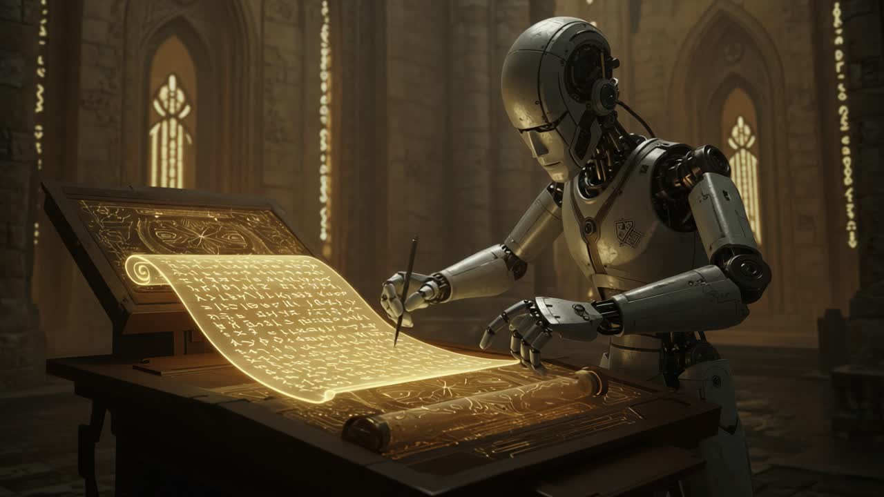 A Robotic Scribe Illuminates Ancient Knowledge by Inscribing Mystical Texts on an Ethereal Scroll in a Glistening Temple of Wisdom