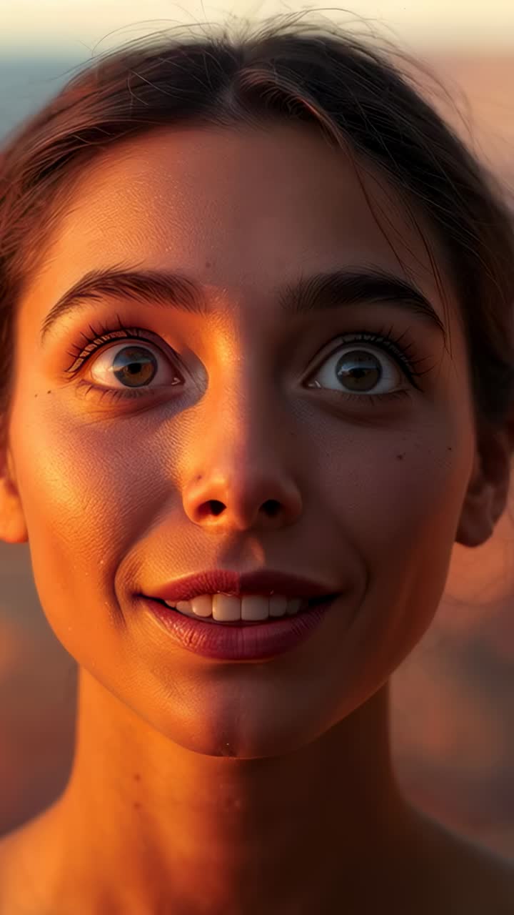Vertical video: Smiling woman gazing upward and blinking on beach, reacting to golden sunset sky