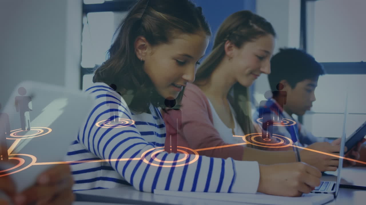animación de la red de conexiones con iconos sobre los estudiantes en la escuela