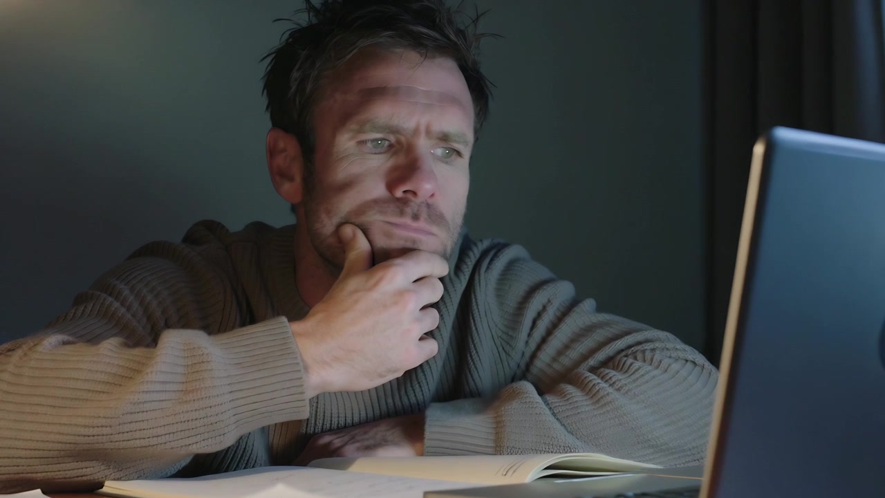 Starting evening work, man wearing sweater leaning on laptop by lamp in home office studying papers