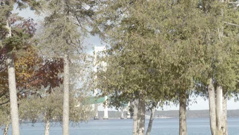 Puente-De-Mackinac-Y-El-Estrecho-De-Mackinac-Al-Fondo-Con-árboles-En-Primer-Plano-Con-Una-Toma-Cinematográfica-Inclinada-Hacia-Abajo