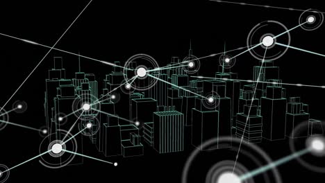 animation of network of connections with icons over 3d city drawing