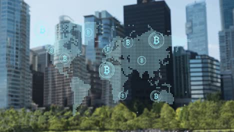 Animation-of-bitcoin-and-world-map-over-skyscrapers