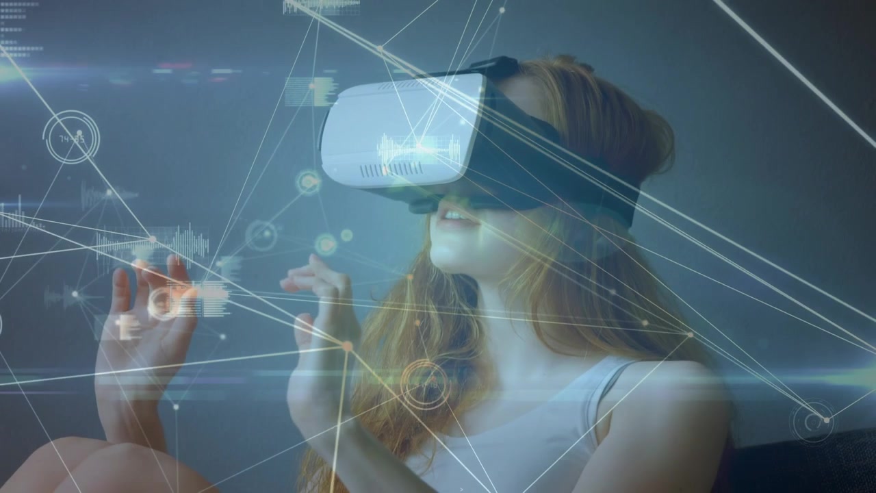 Young Woman Interacting with Virtual Reality Interface