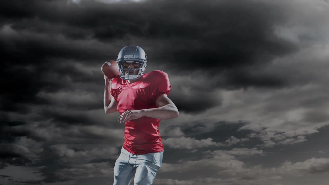 Animation of male rugby player throwing the ball against copy space on dark clouds