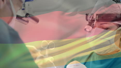 animación de la bandera de alemania ondeando sobre cirujanos con máscaras faciales