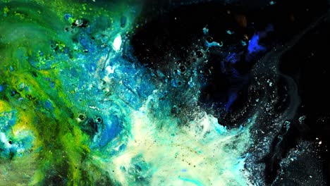 Vibrant-abstract-painting-with-swirling-colors-of-blue,-green,-and-black