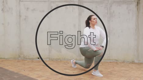 Animation-of-fight-text-in-black-circle-outline-over-woman-stretching-in-background