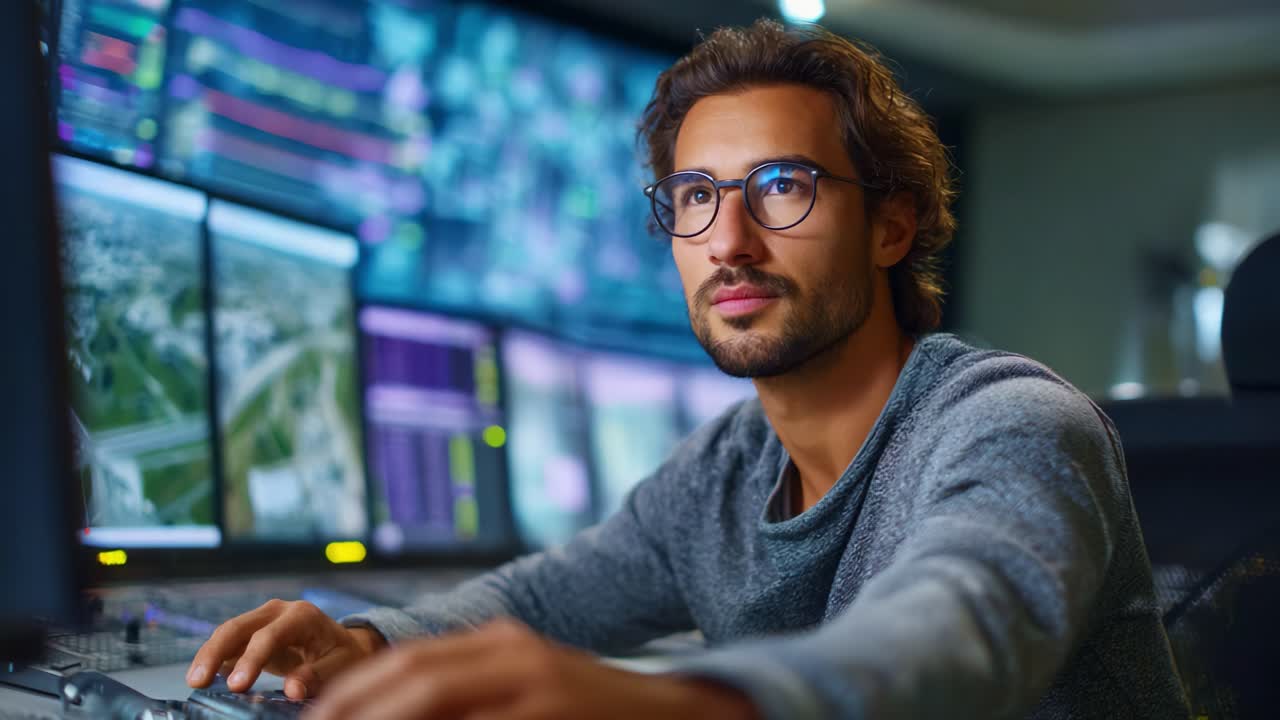Focused Professional Analyzing Data on Multiple Monitors in a Modern Control Room Environment While Utilizing Advanced Technology and Analytical Skills