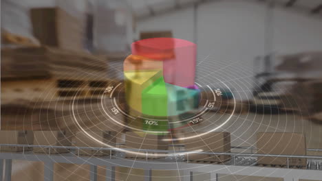 statistical data processing against multiple delivery boxes on conveyor belt against warehouse