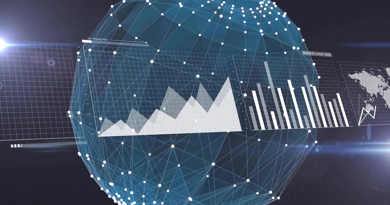On startup holographic 3D globe rotating, panels appearing, charts updating to show global trends