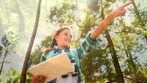 pointing and holding map, girl exploring forest, adventure animation