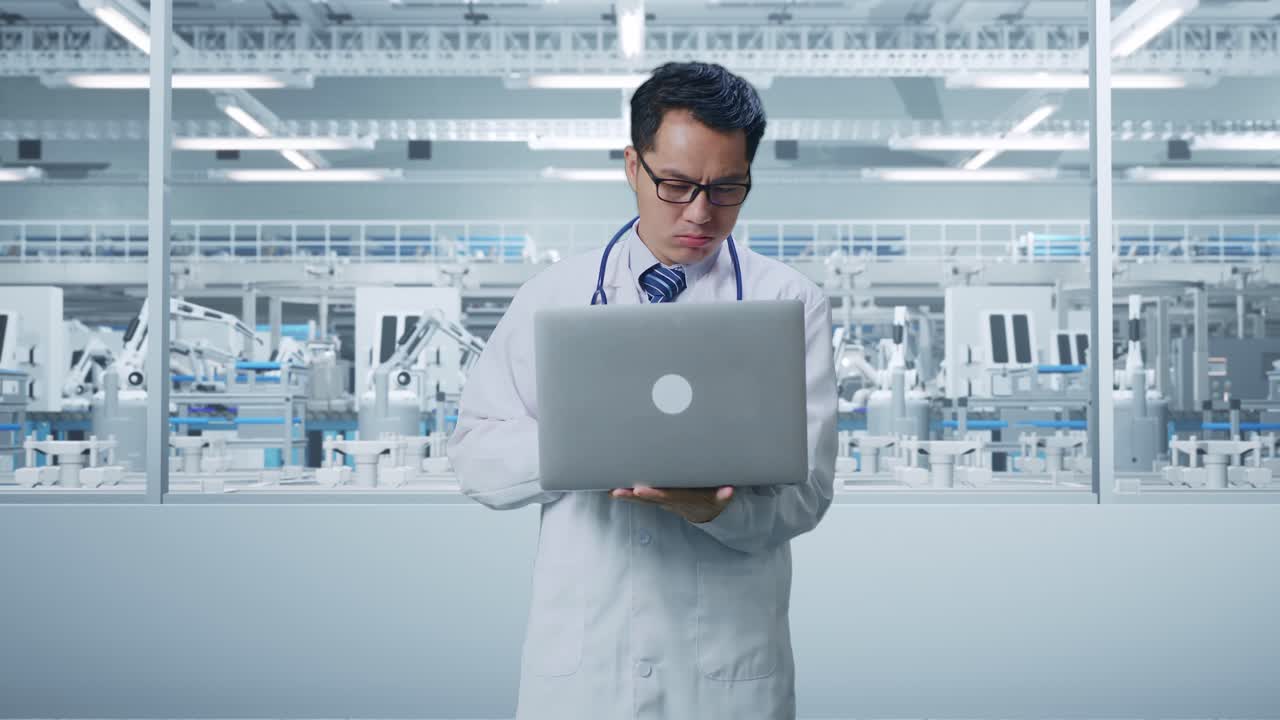 médico estresado en una fábrica