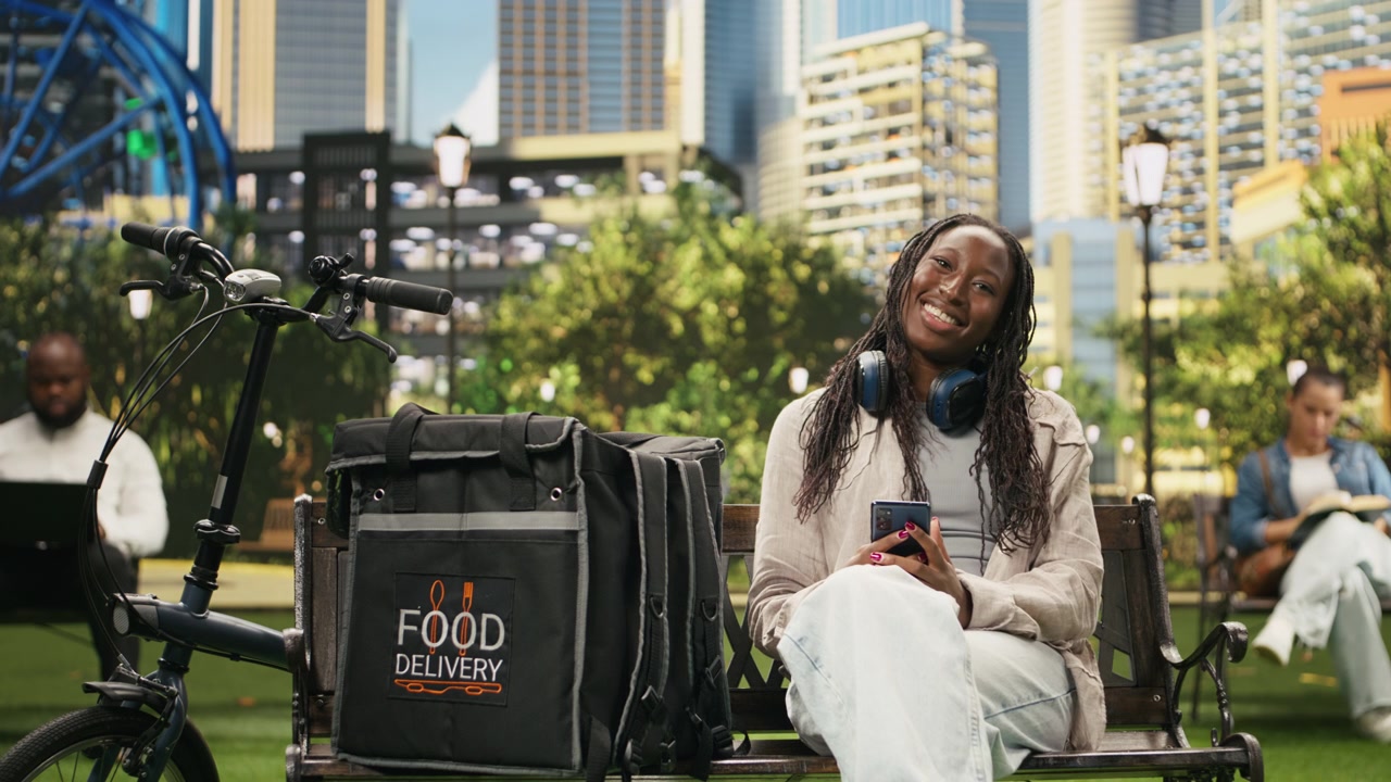 Portrait of smiling food delivery courier sitting on park bench with smartphone