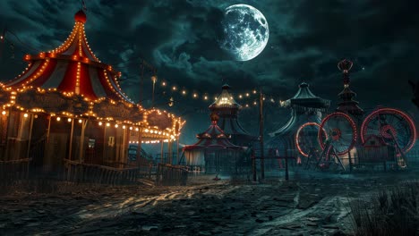 abandoned circus at night under a full moon