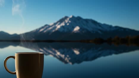 a serene morning scene: a steaming cup of coffee by the tranquil lake, reflecting majestic snow-capped mountains under a clear blue sky