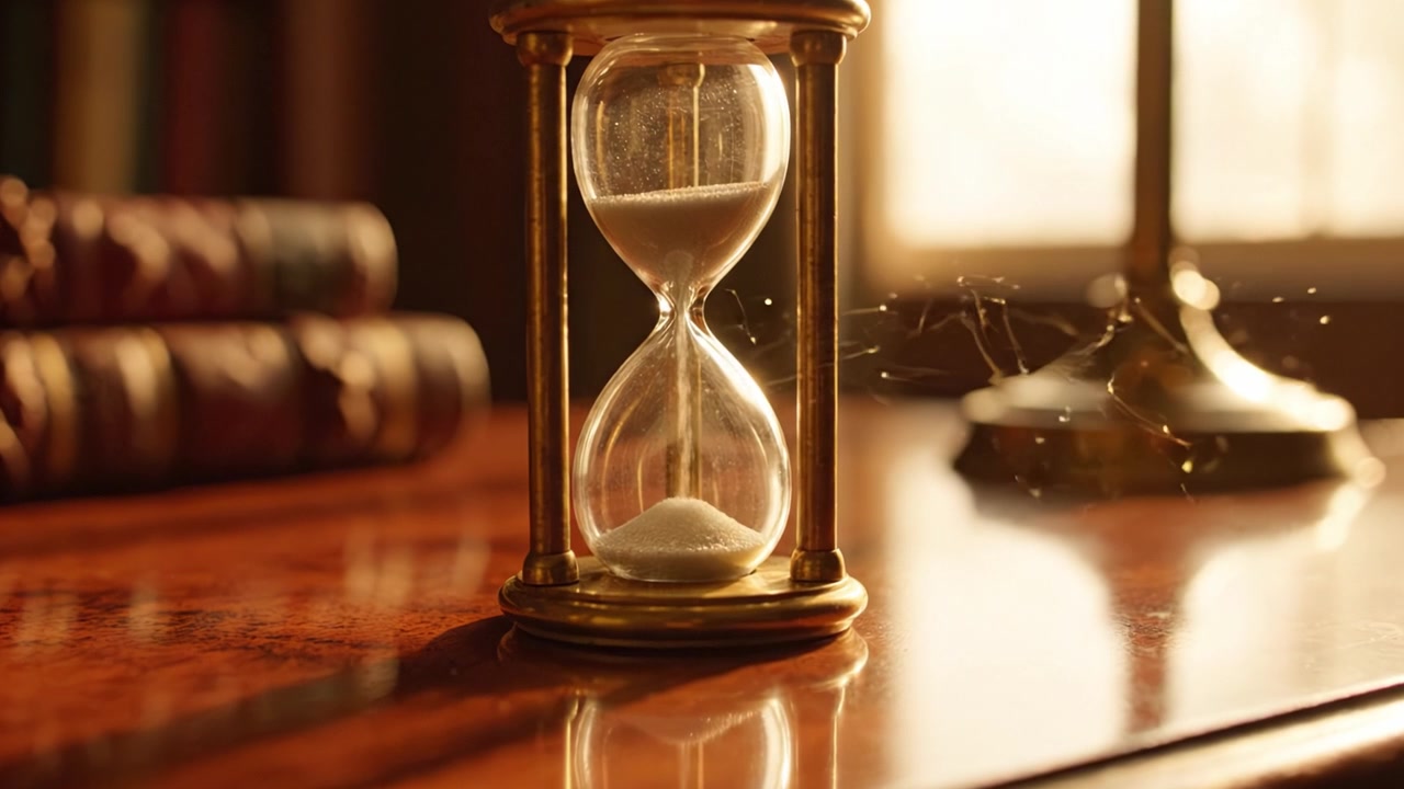 Un'elegante clessidra che cattura l'essenza del tempo con la luce soffusa del sole che filtra dalla finestra, con una superficie in legno lucido e libri antichi sullo sfondo.