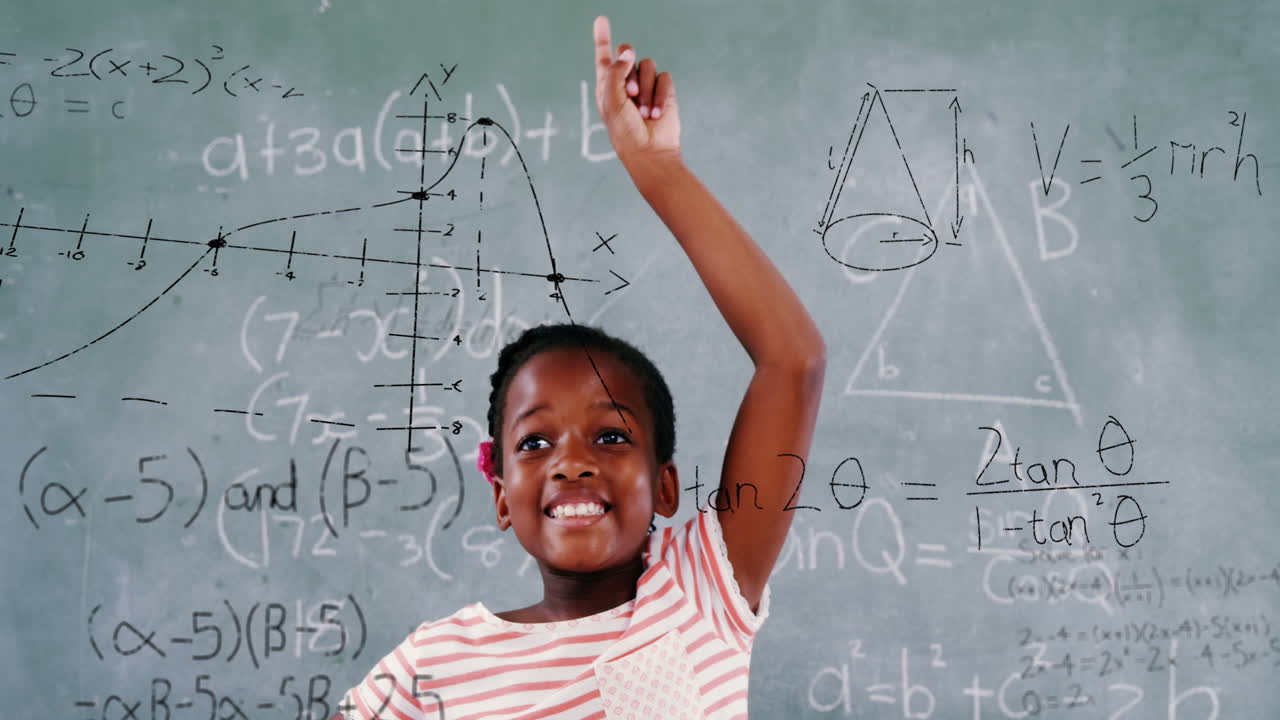 Animation of math formulas over happy african american boy reporting to reply