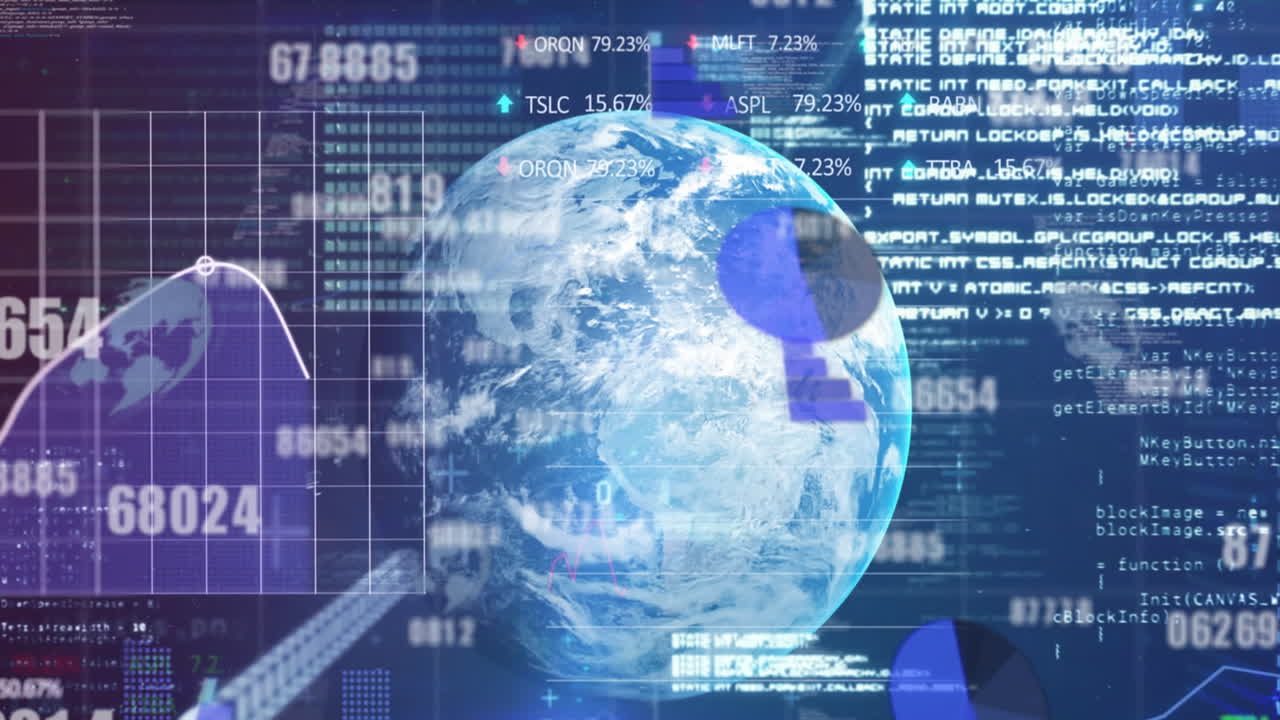 Animation of financial data processing over globe
