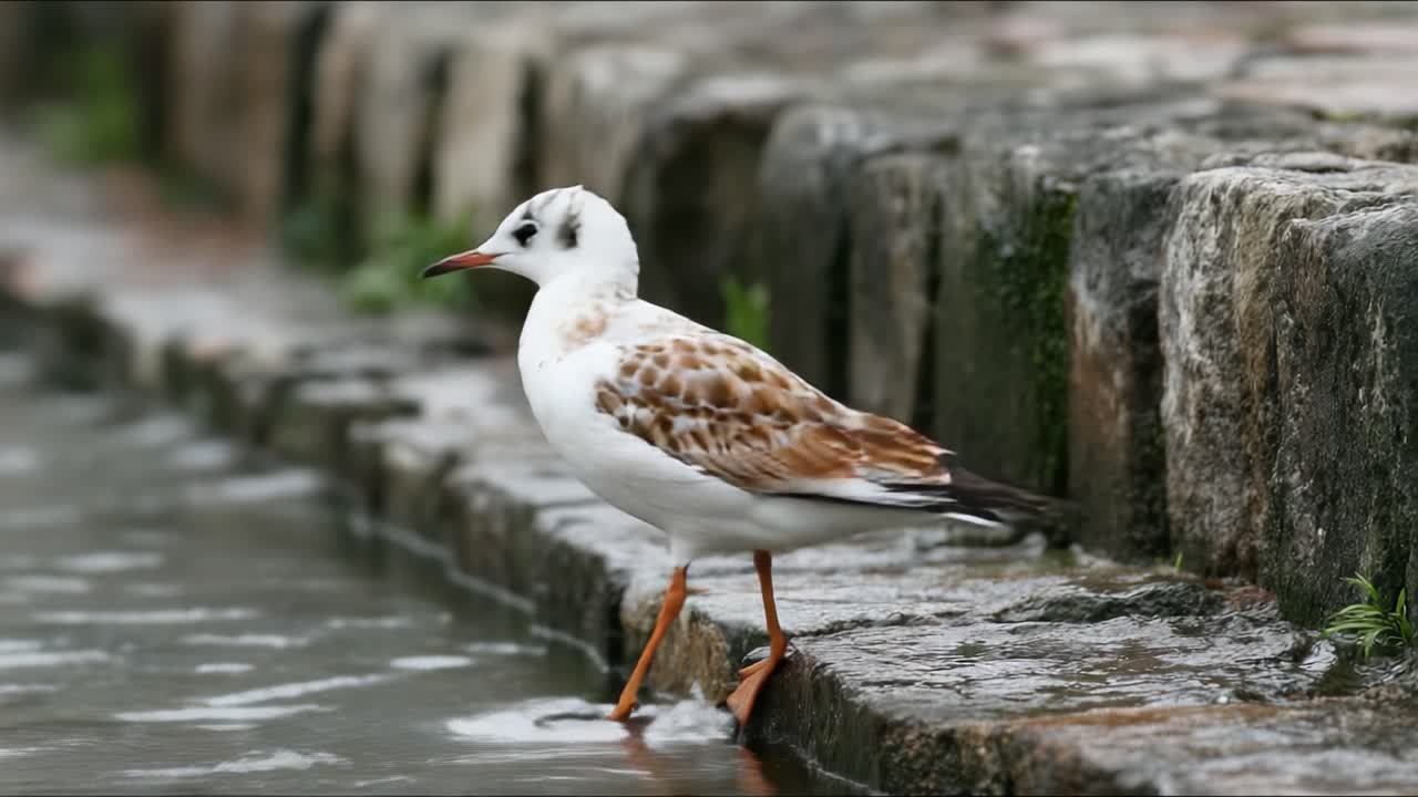 A graceful bird stands near the water's edge, showcasing its beautiful plumage and reflecting its calm demeanor as it interacts with the tranquil environment