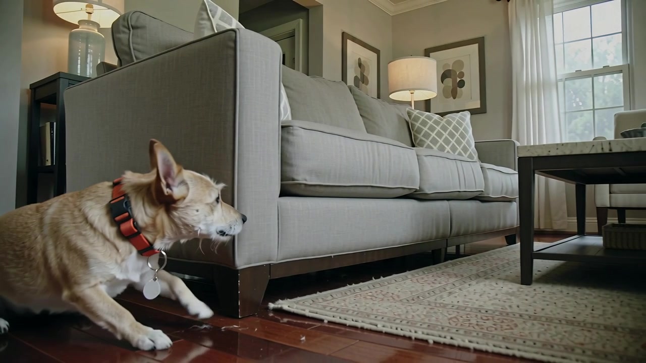 Oliendo migas pálidas, un corgi baja la cabeza en casa junto al sofá revisando el suelo, con collar rojo, espacio para texto