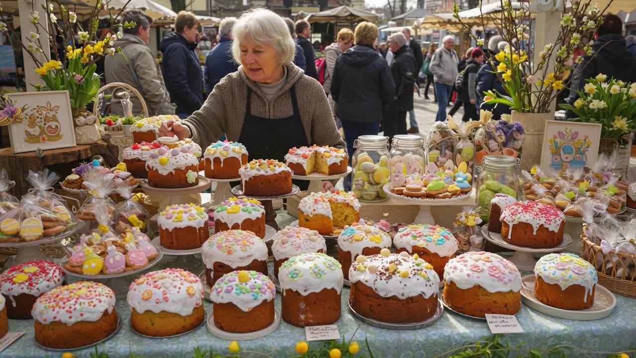 A Vibrant Display of Festive Cakes Captured at a Bustling Market, Showcasing a Baker Enthusiastically Decorating Colorful Treats Surrounded by Happy Shoppers