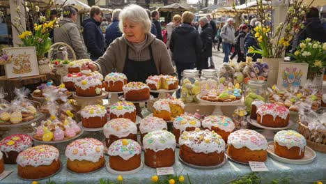 a vibrant display of festive cakes captured at a bustling market, showcasing a baker enthusiastically decorating colorful treats surrounded by happy shoppers