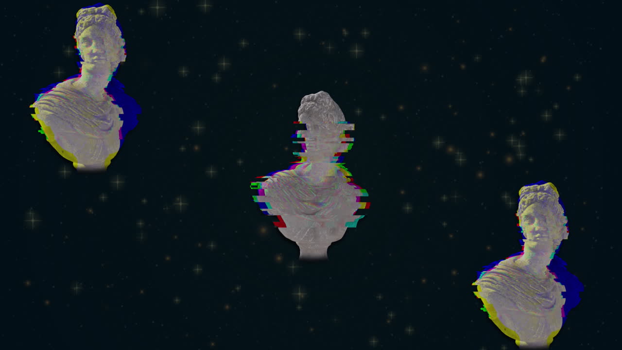 animación de esculturas de cabezas con interferencia en movimiento sobre fondo negro.