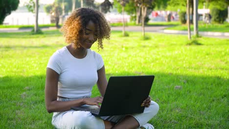 joven afroamericana usando una computadora portátil en el parque