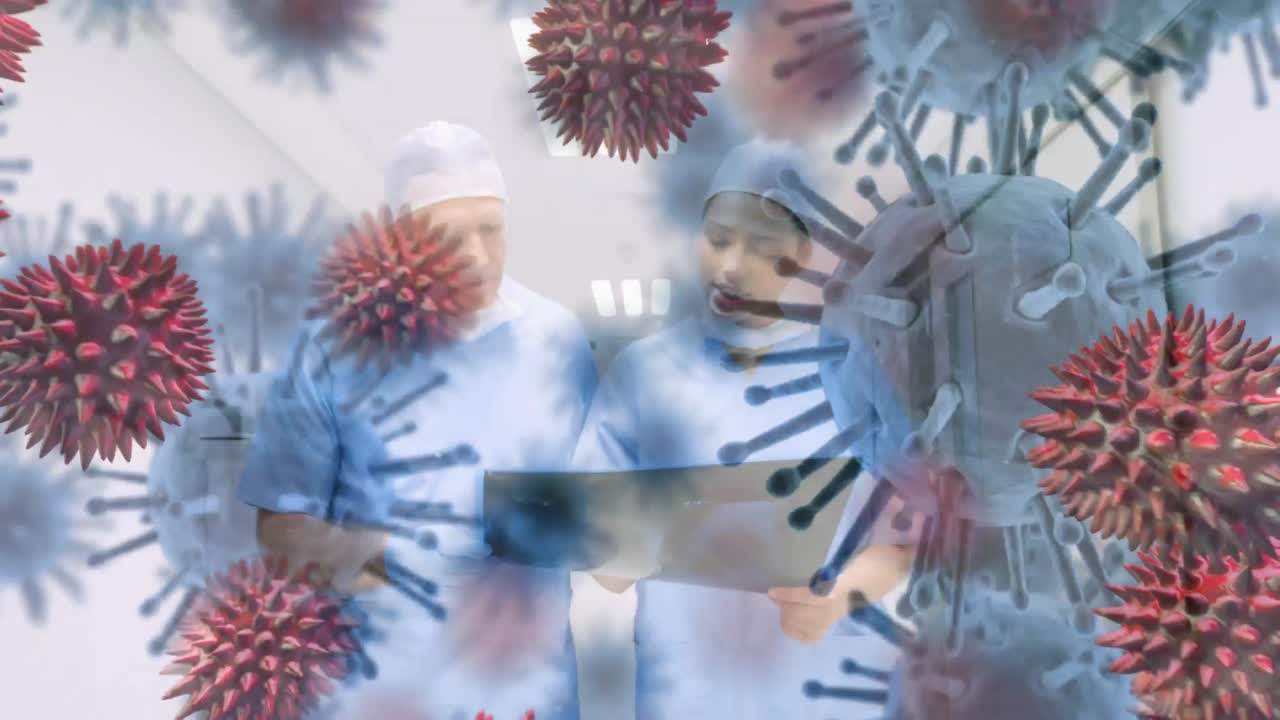 Animazione del coronavirus Covid-19 in diffusione con un operatore sanitario sullo sfondo.