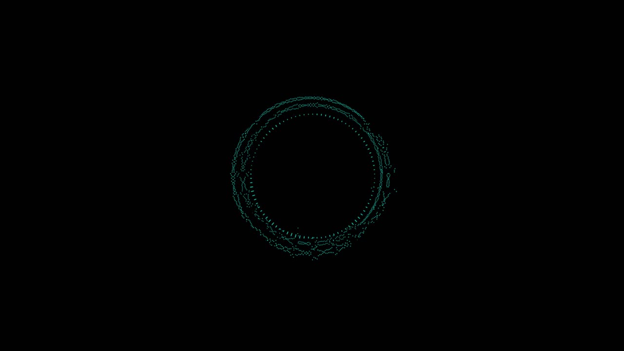 Abstract blue circular form with pulsating lines and dots on a black background. Represents audio equalizer, sound wave, or futuristic interface. Seamless loop
