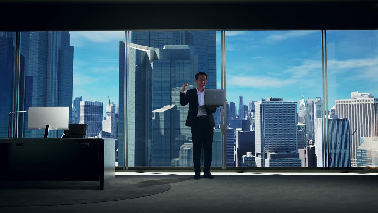 아시아 사업가 가 노트북 을 보고 초고층 건물 과 함께 축하 하고 있다