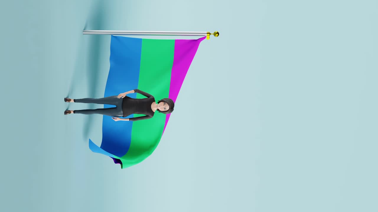 Female animation charachter standing and waving in front of the Polysexual flag in a blue background
