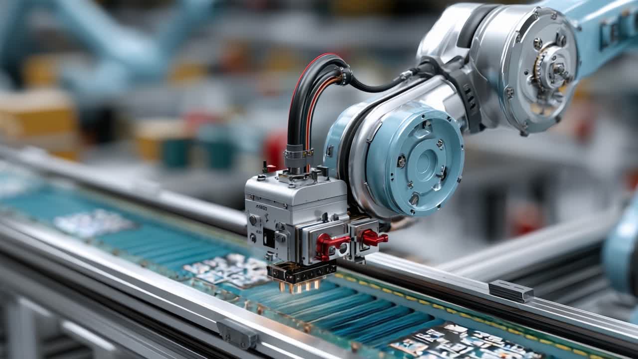 Advanced Robotic Arm in Action: Precision Assembly of Circuit Boards on a High-Tech Production Line in a Modern Manufacturing Facility