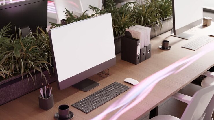 modern office laptop desktop with energy Flow in 3d rendering animation meeting conference business company co working space