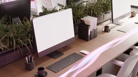 modern office laptop desktop with energy flow in 3d rendering animation meeting conference business company co working space