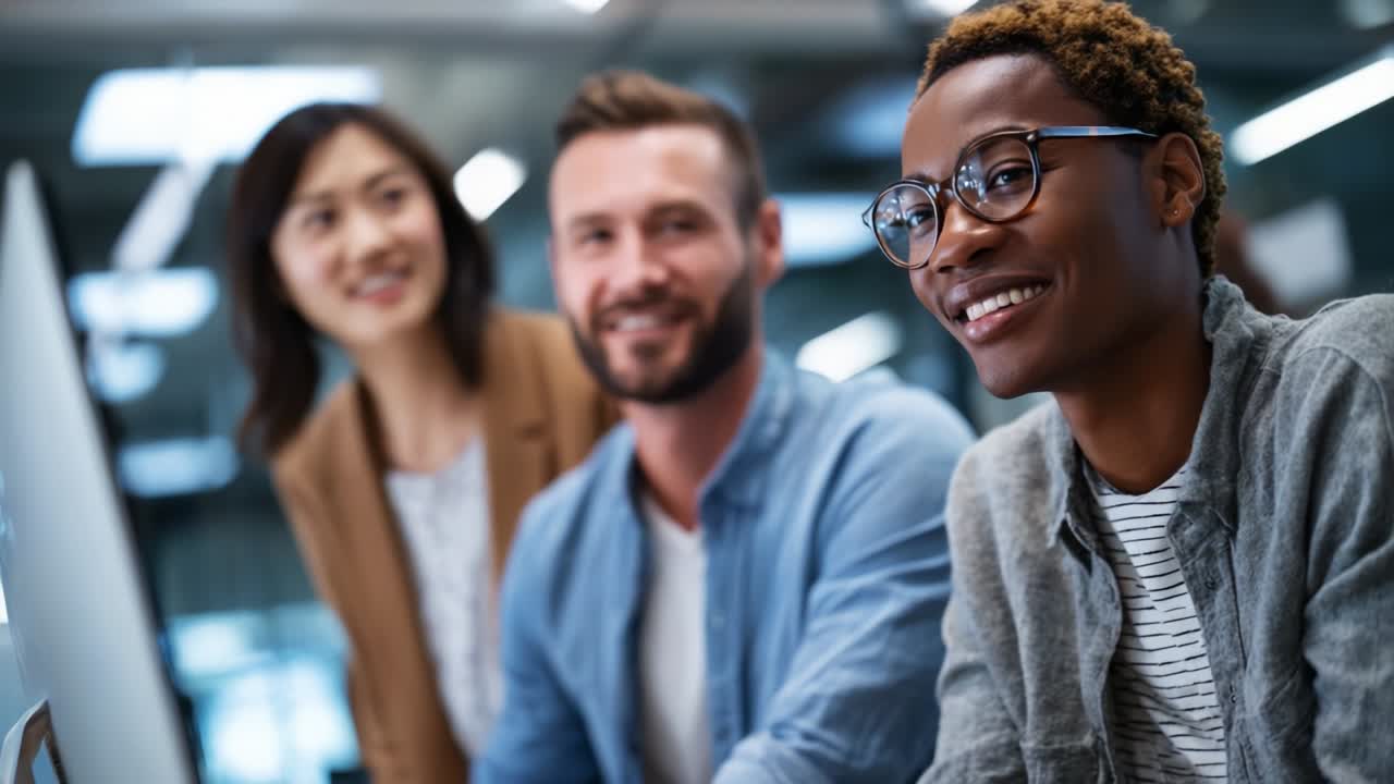 A joyful and engaging team of three diverse professionals in a modern workspace, sharing ideas and collaborating effectively while working together on a computer project and fostering a positive atmosphere